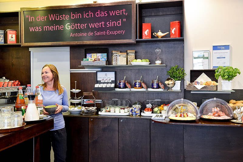 Breakfast buffet at Hotel Sandmanns in Cologne near the cathedral